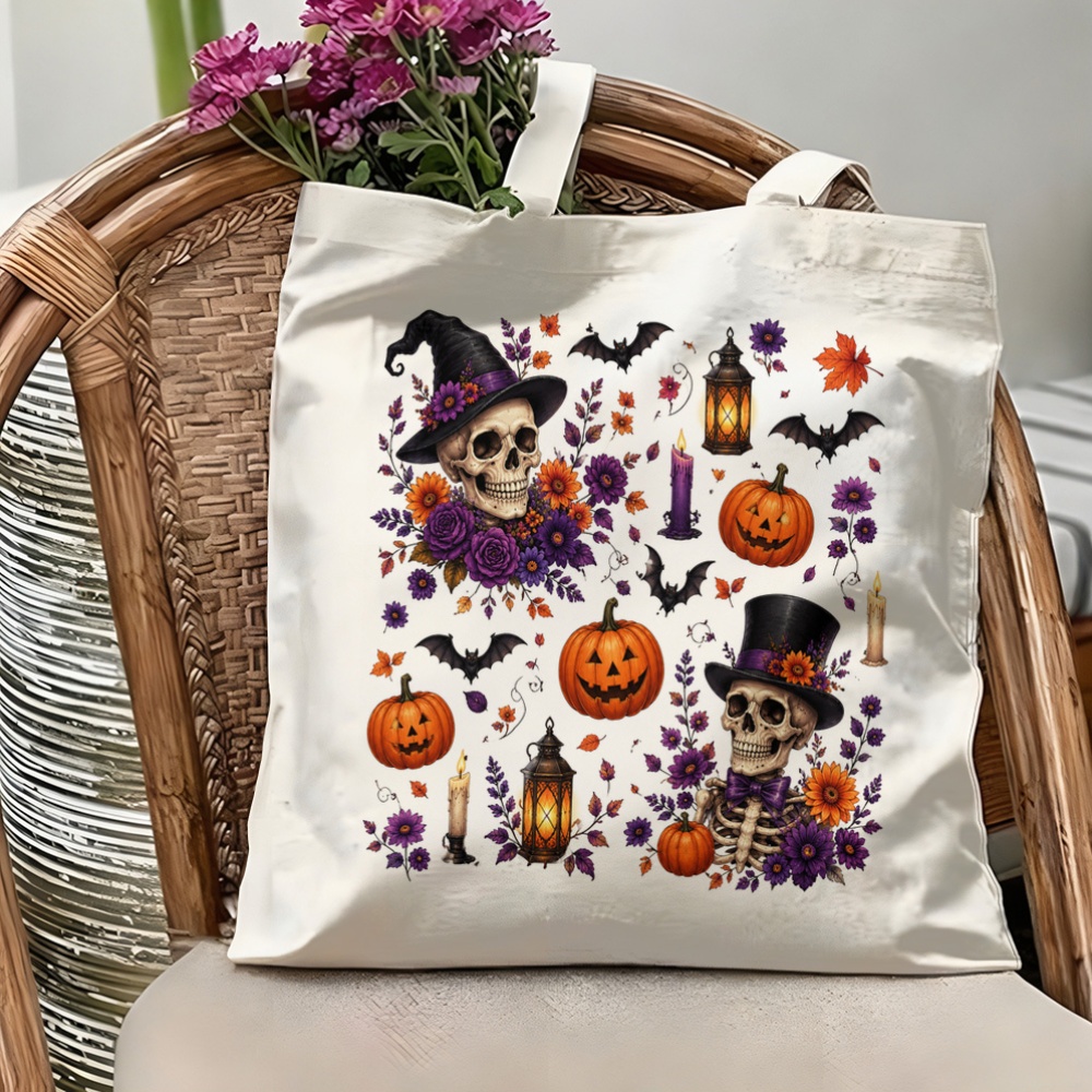 Tote Bag Canvas Print - กระเป๋าผ้าแคนวาสลายกะโหลกแม่มดฮาโลวีนสุดหลอน ลายกราฟิกฟักทองค้างคาวดอกไม้สไตล์กอธิค กระเป๋าช้อปเปอร์ย้อนยุคสำหรับผู้หญิง