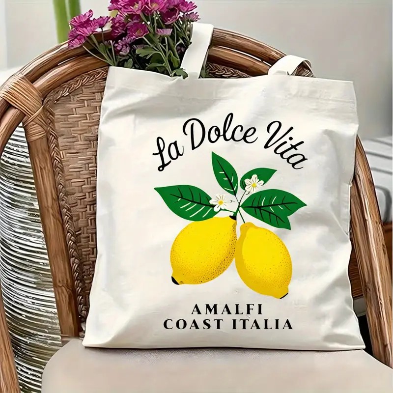 Tote Bag Canvas Print - กระเป๋าผ้าแคนวาสลายมะนาว La Dolce Vita สไตล์ฤดูร้อนอิตาลี กระเป๋าช้อปปิ้งลายมะนาวสดและใบไม้สีเขียว