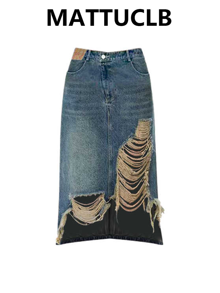 Street Fashion American - กระโปรงยีนส์ขาดสไตล์มิดิ ยุค 2000 สำหรับผู้หญิง แฟชั่นเกาหลี อเมริกัน