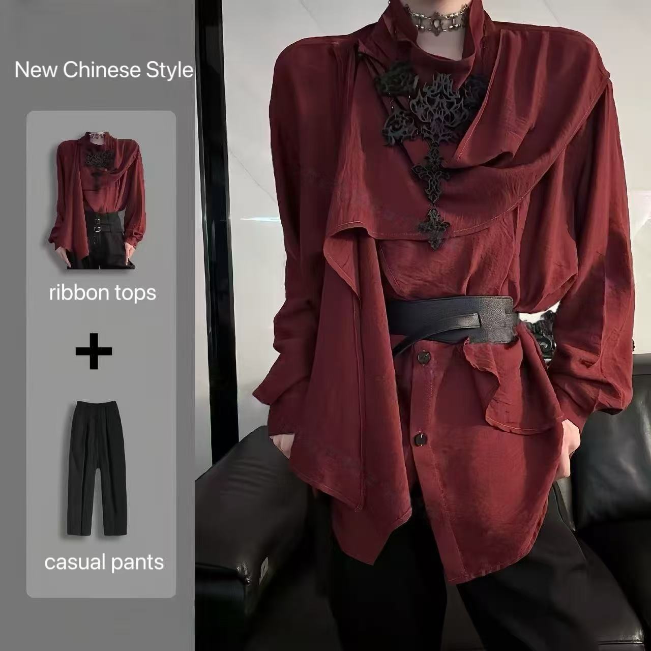 Street Fashion In Chinese - ชุดเสื้อผ้าสไตล์จีนใหม่ปี 2026 ผ้าพันคอแบบไบเซ็กซ์ เสื้อคอปกผ้าริบบิ้น กางเกงลำลอง ชุดเต็มเซ็ต
