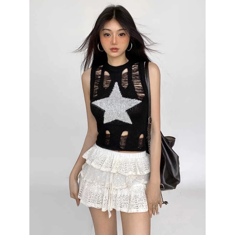 Street Fashion Outfit Girl - เสื้อกล้ามทรงสั้นพิมพ์ลายดาวสไตล์ Y2K สำหรับฤดูร้อน สีพื้น เซ็กซี่ โชว์เนื้อ