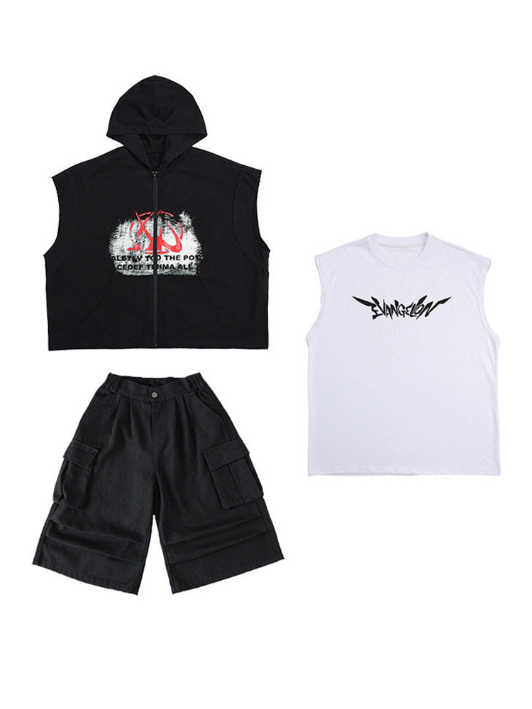 Street Fashion Outfit Girl - เสื้อผ้าเด็กผู้ชายสตรีทแดนซ์แฟชั่นสีดำมีฮู้ดเสื้อแขนกุดกางเกงขาสั้นฤดูร้อนเด็กฮิปฮอปชุดฝึกซ้อมการแสดง BL19600