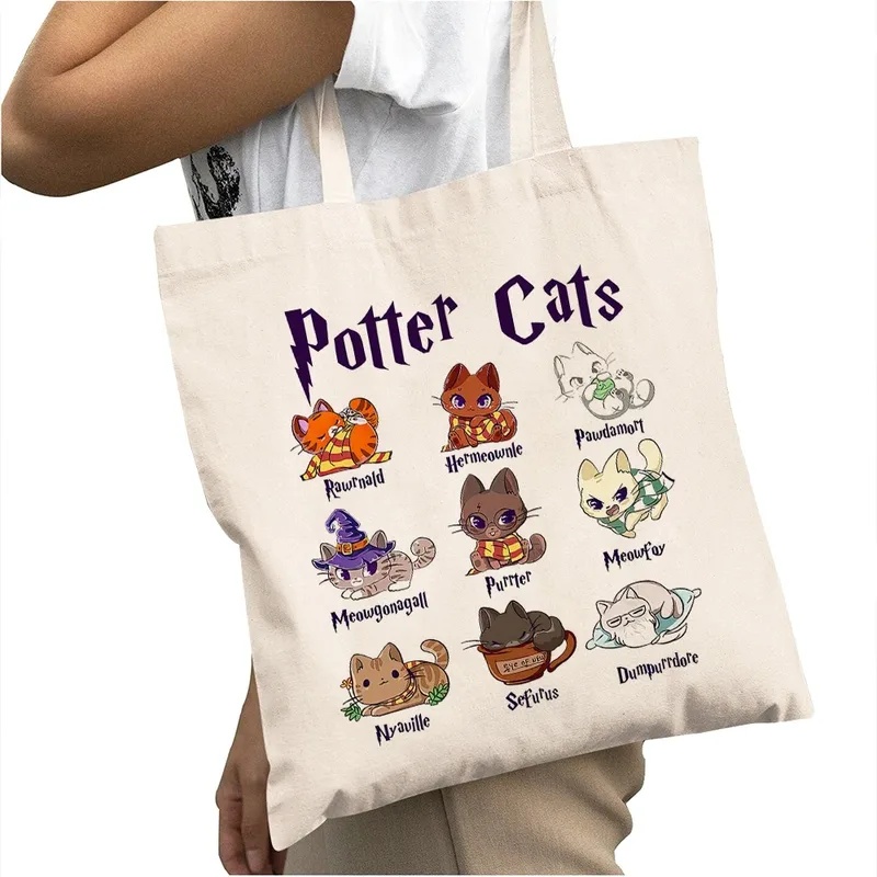 Tote Bag Canvas Print - กระเป๋าช้อปปิ้งลายการ์ตูนแมวพอตเตอร์สำหรับผู้หญิง ลายพิมพ์สองด้าน กระเป๋าถือลำลองสำหรับสาวๆ ความจุขนาดใหญ่ กระเป๋าช้อปปิ้งสำหรับสุภาพสตรี