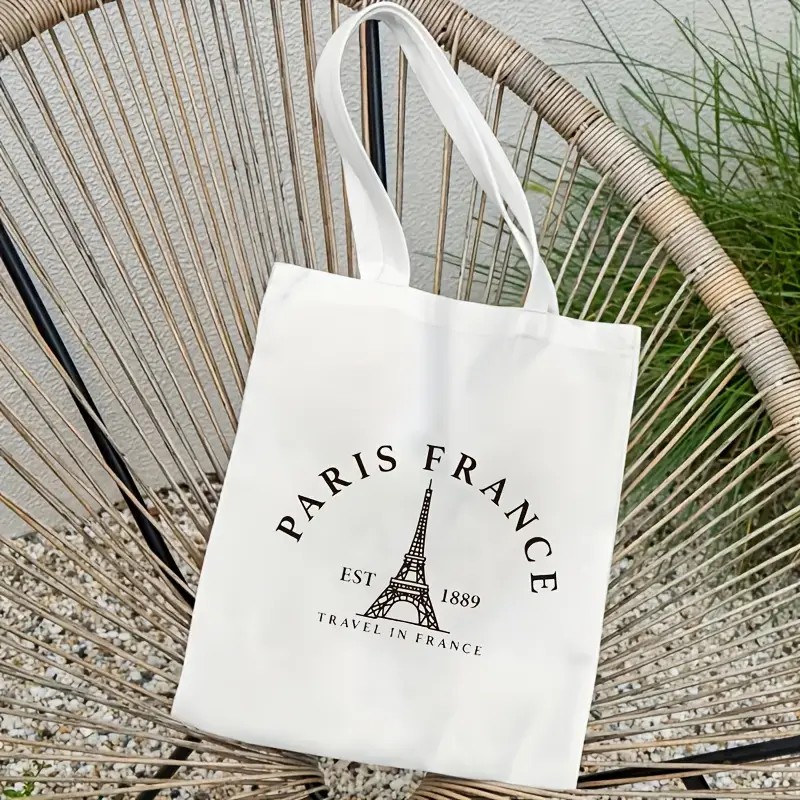 Tote Bag Canvas Print - กระเป๋าเดินทางลายปารีสสำหรับผู้หญิง กระเป๋าสะพายไหล่ลายหอไอเฟล กระเป๋าเดินทางลายปารีส โครงสร้างแข็งแรง