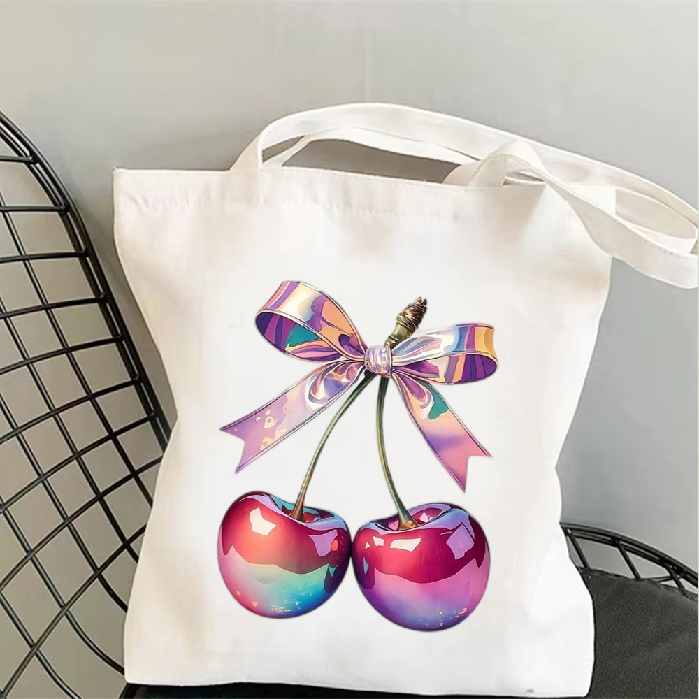 Tote Bag Canvas Print - กระเป๋าผ้าแคนวาสลายเชอร์รี่โบว์สีชมพูสไตล์วินเทจ กระเป๋าสะพายไหล่เคลือบเงา เหมาะสำหรับสไตล์โคเควตต์และใช้งานในชีวิตประจำวัน