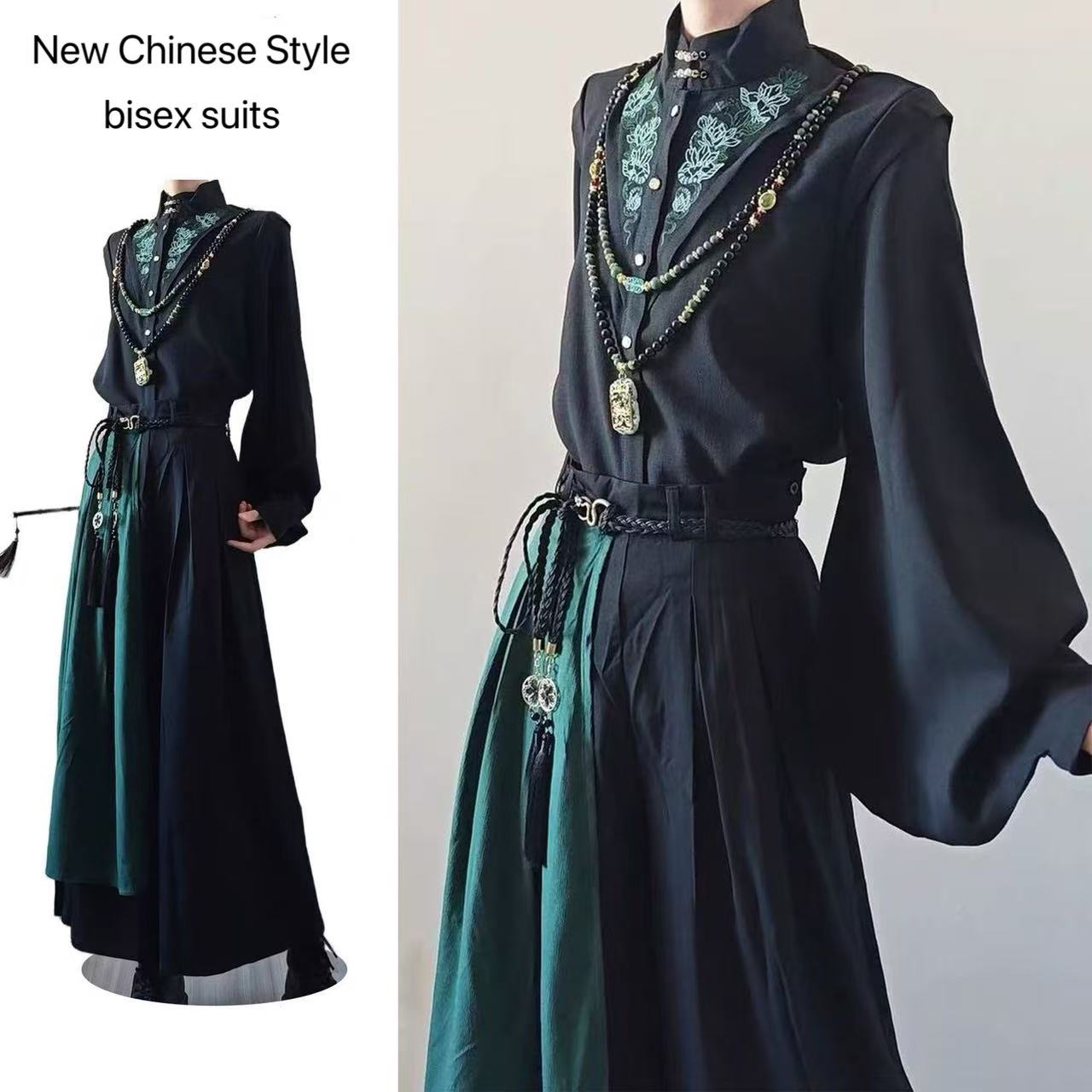 Street Fashion In Chinese - ชุดสูทสไตล์จีนใหม่สำหรับผู้ชายและผู้หญิง สีดำ ปักลาย ชุดเสื้อและกางเกง แฟชั่นแนวสตรีท Y2K