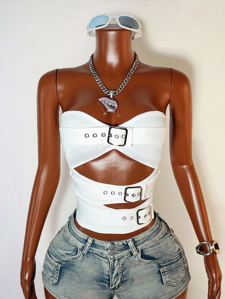 Street Fashion Outfit Girl - เสื้อครอปท็อปผู้หญิงสไตล์ Y2K แฟชั่นฤดูร้อนสุดเซ็กซี่ ดีไซน์รัดรูปเว้าหลัง แต่งหัวเข็มขัด แนวสตรีทแวร์