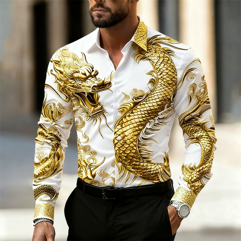 เสื้อเชิ้ตผู้ชายแขนยาว ลายมังก - Street Fashion In Chinese บทวิจารณ์และราคา