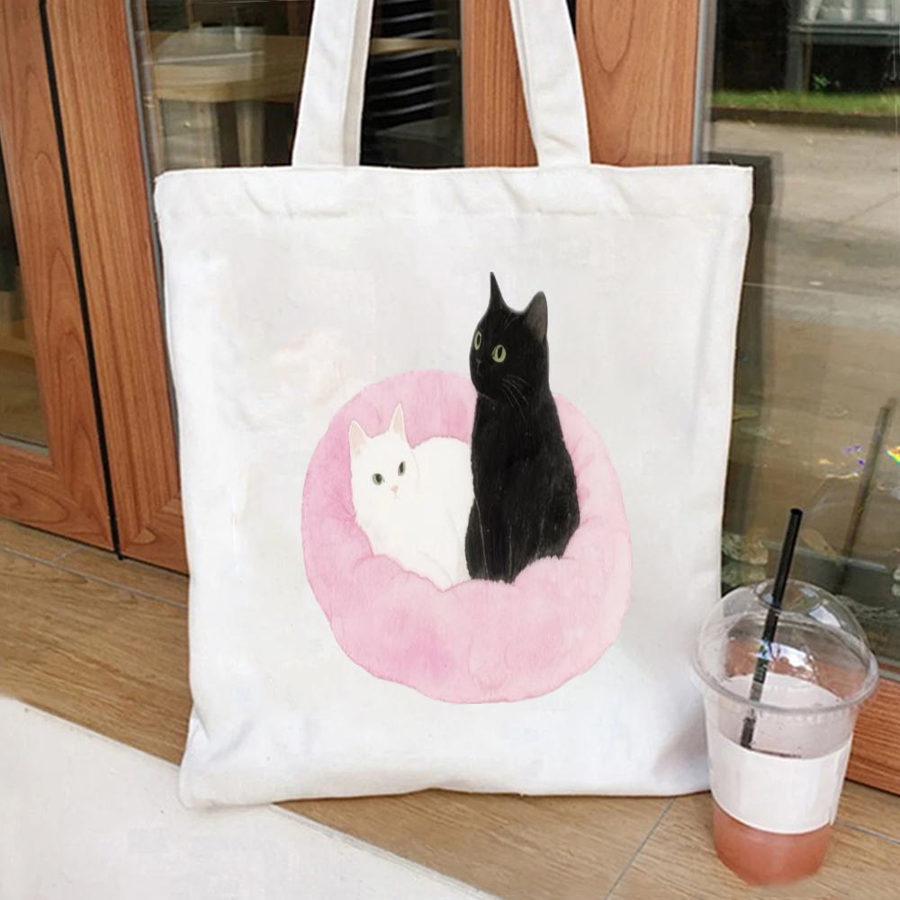 กระเป๋าผ้าแคนวาสลายแมวดำสีน้ำพ - Tote Bag Canvas Print บทวิจารณ์และราคา