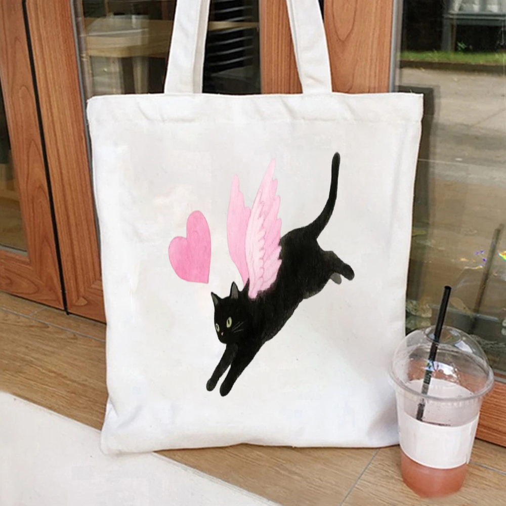 กระเป๋าผ้าแคนวาสลายแมวดำสีน้ำพ - Tote Bag Canvas Print บทวิจารณ์และราคา