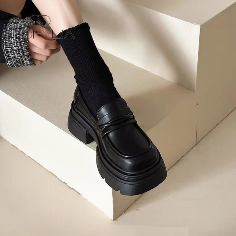 รองเท้าโลฟเฟอร์ส้นหนาสีดำสำหรั - Street Fashion Women บทวิจารณ์และราคา