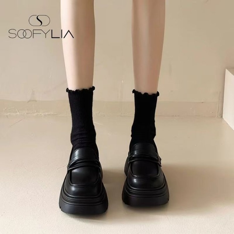 รองเท้าโลฟเฟอร์ส้นหนาสีดำสำหรั - Street Fashion Women บทวิจารณ์และราคา