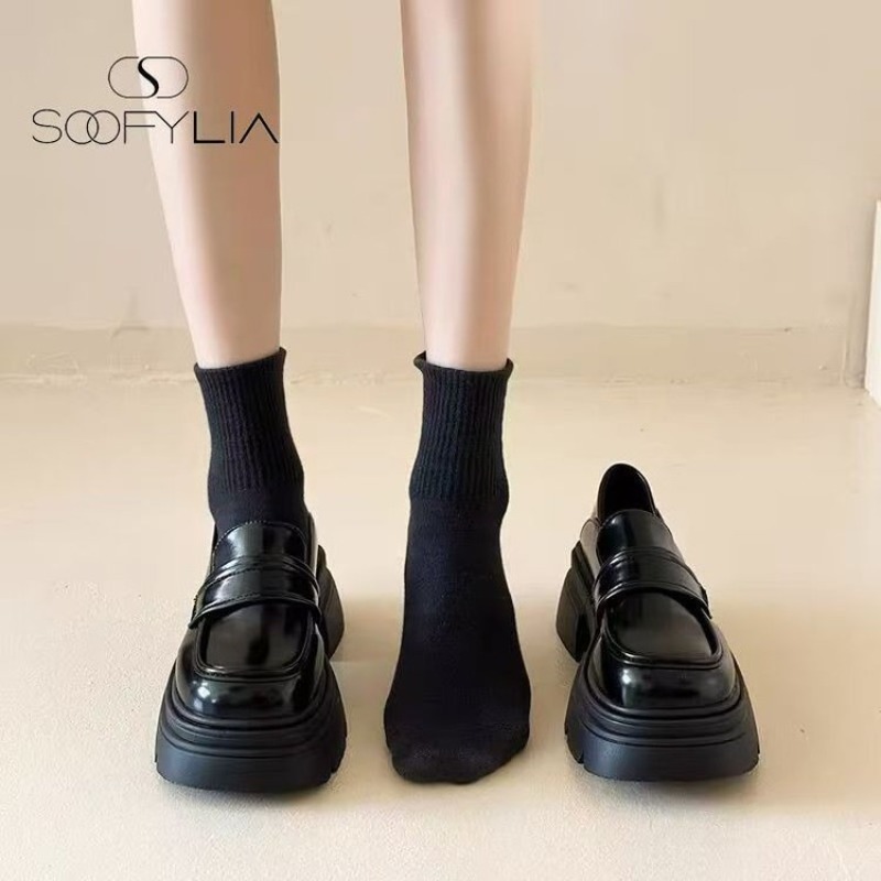 รองเท้าโลฟเฟอร์ส้นหนาสีดำสำหรั - Street Fashion Women บทวิจารณ์และราคา